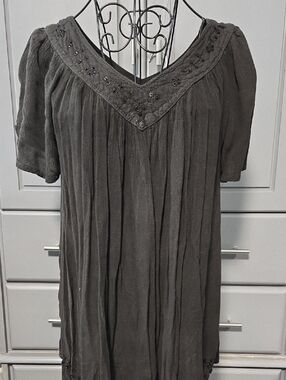 Embroidered V-Neck Peasant Tunic - Black